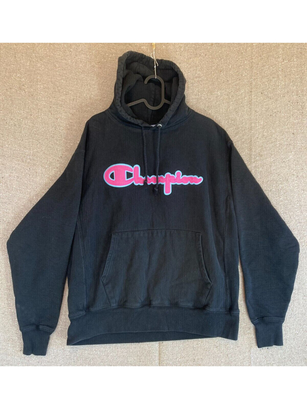 Mens Sz Large CHAMPION Black Sweater Neon Script Reverse Weave Hooded Sweater